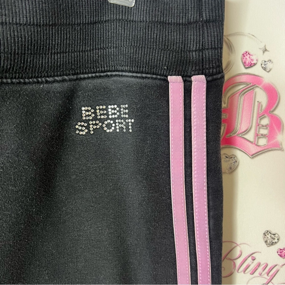 bebe set sweater pants striped rabbit fur hood trim Black Pink Track Pants - Picture 5 of 13